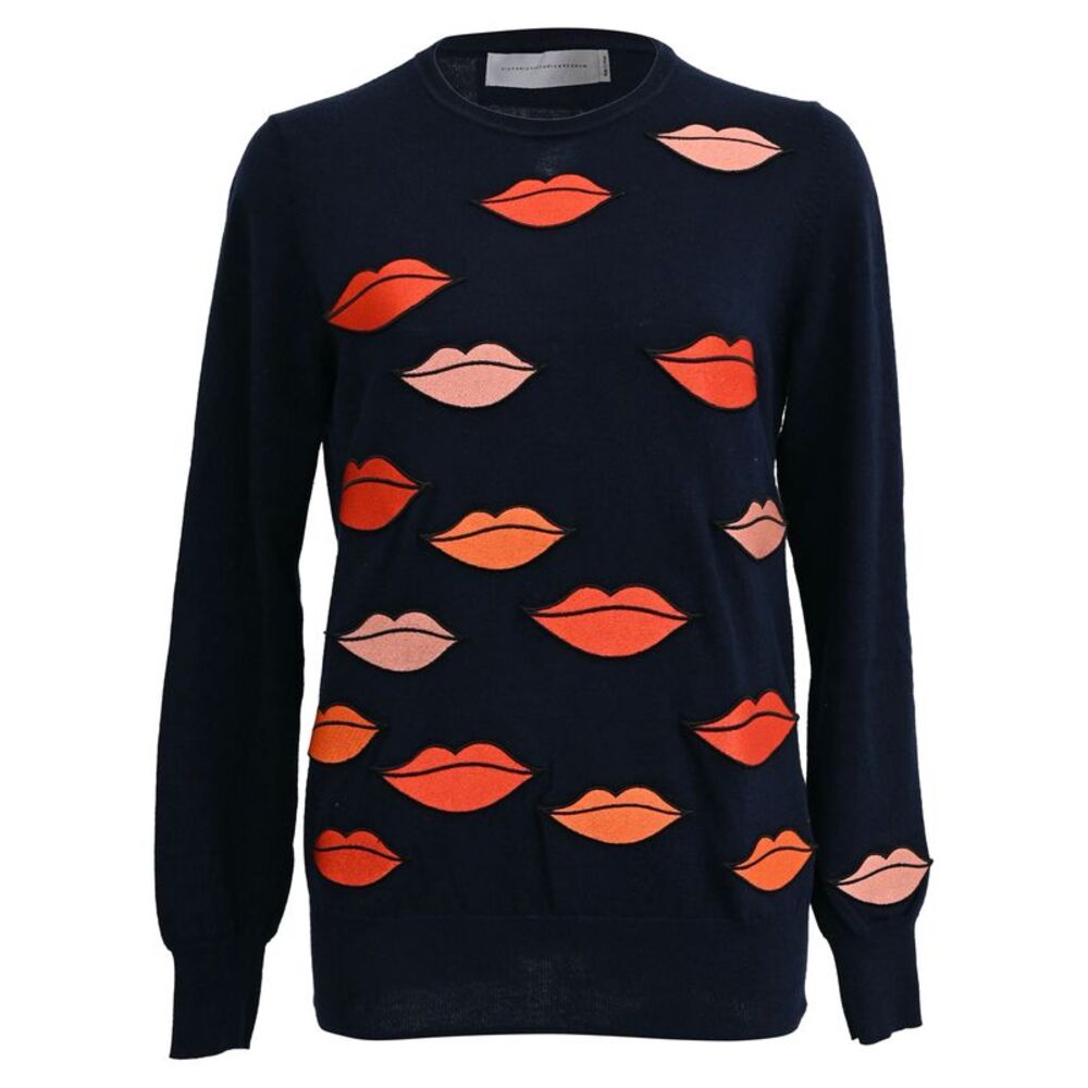 Victoria Victoria Beckham Lips Print Sweater in Navy Blue Wool